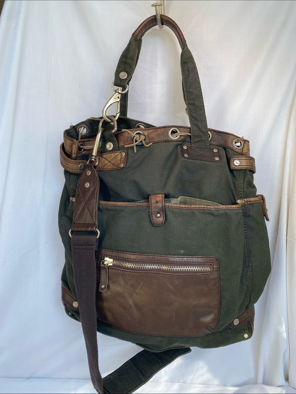 Will Leather Goods Liverpool Olive Green Canvas Messenger Bag Brown Leather Trim